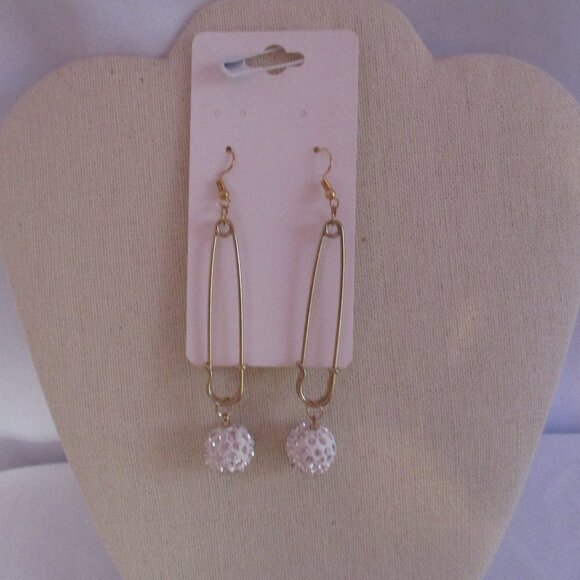 Pin Hook Earrings White Pave Balls GOLDTONE Free Gift Box - Picture 1 of 4
